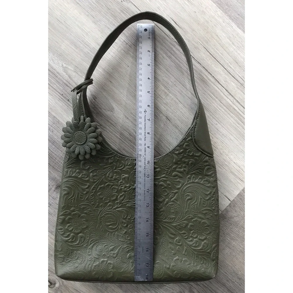 Shoulder Bag Tooled 100% Olive Green Leather Purse Handbag Made in India